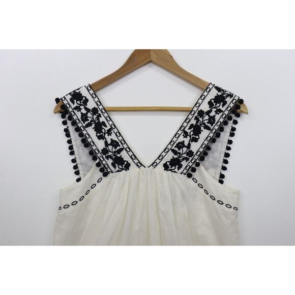 J CREW 100% COTTON TANK TOP FLORAL BLACK EMBROIDERED POM POM BABYDOLL Size 4 - Picture 12 of 12